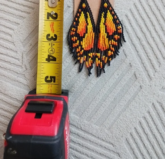 Beaded Monarch Butterfly Wing  Earrings with Black Orange and Yellow Accents - Picture 2 of 3